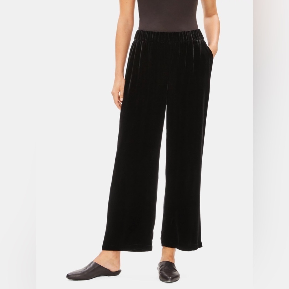 NWT‎ Eileen Fisher Silk Velvet Wide-Leg Ankle Pant Black S Petite Quiet Luxury